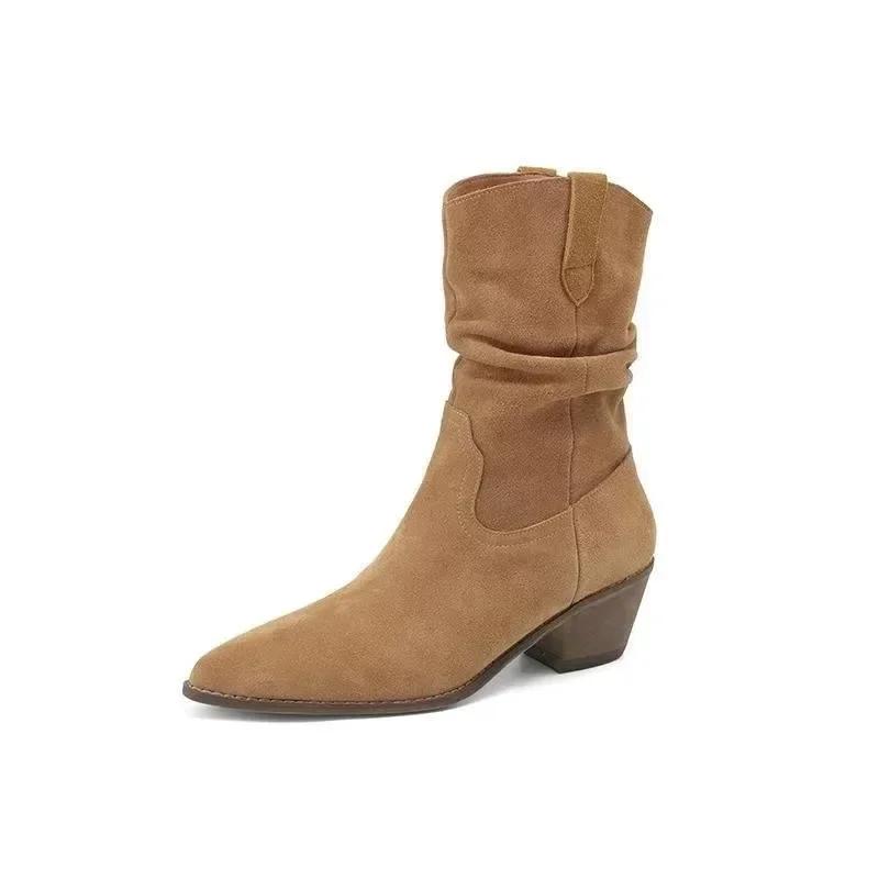 Women's Shoes 2024 Autumn Hot Sale Slip On Women's Boots Pointed Toe Solid Flock Pleated Mid Heeled Concise Retro Short Boots