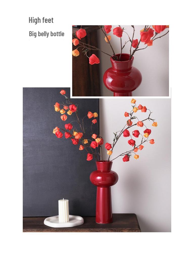 Китайская красная керамическая ваза середины века - Новогоднее специальное украшение для гостиной или свадебные композиции из шелковых цветов