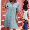 Women's Dress Short Sleeved Mid Length Single Breasted V-neck Loose Solid Color A-line Casual Dresses