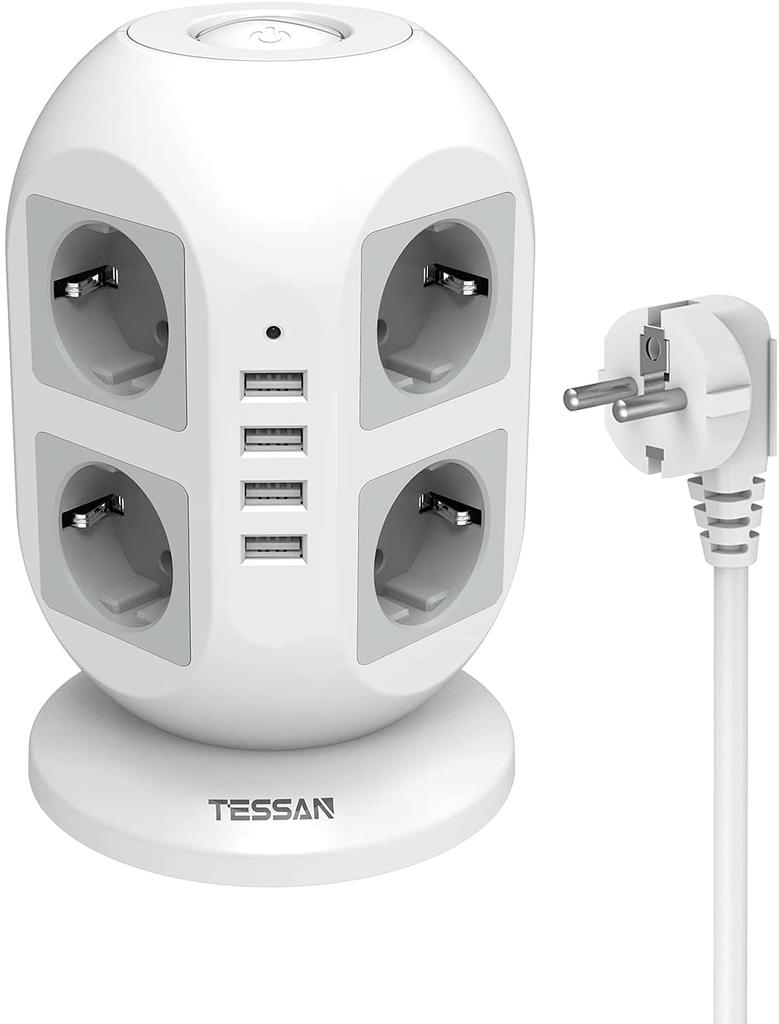 Tessan Башня с несколькими розетками и 3/4 USB-портами, удлинительный кабель 2 м, вертикальная вилка, электрическая розетка, защита от перенапряжения для дома