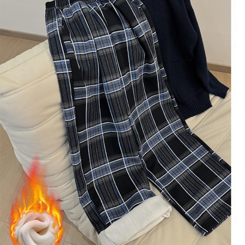 Синие клетчатые брюки для женщин на зиму, новый стиль, драпированные, в ленивом стиле, ретро, прямые брюки, с высокой посадкой, свободные, плюс бархат, широкие брюки