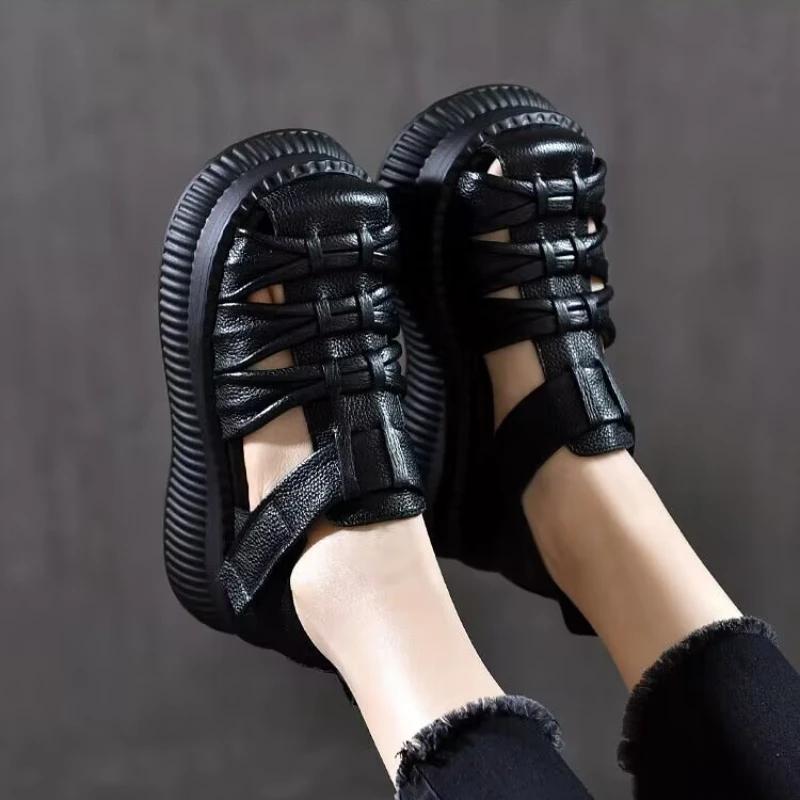 2024 Новая мода ретро летняя обувь женские босоножки на танкетке ручной работы из натуральной кожи полые повседневные сандалии женские черные