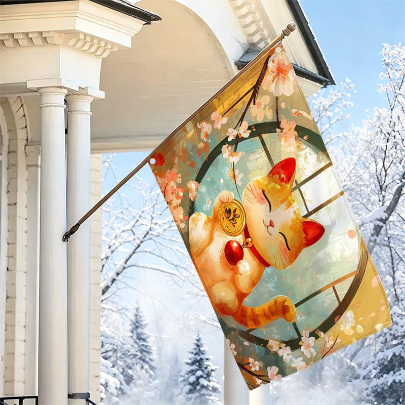 2D Flat - 2D Flat - 1pc 2D Flat, Decorative Flag, Maneki-Neko Cherry Blossom Pattern Flag, Japanese Zen Art Canvas, Home Decor Wall Banner, Living Roo