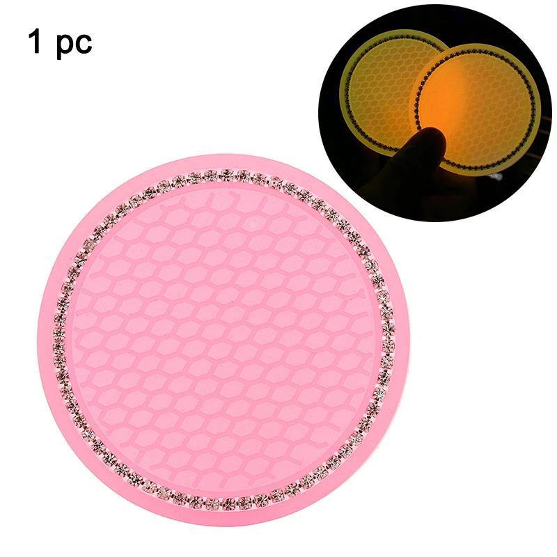 2pcs Non-slip Car Water Cup Pad Luminous Car Coaster Pad Mat Cup Bottle Holder Rhinestone Rubber Pad Mat Car Styling Accessories