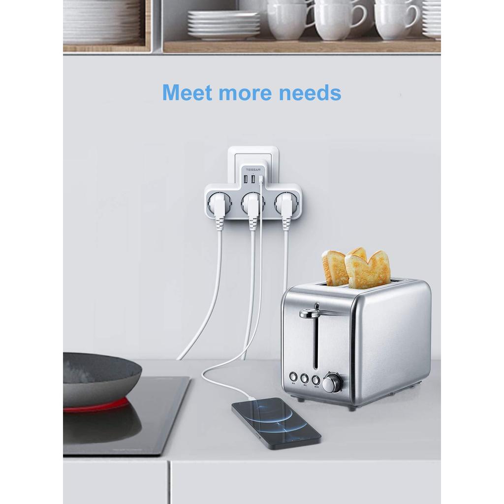 Tessan Адаптер-удлинитель настенной розетки европейского стандарта с 3 розетками переменного тока, 2 портами USB и 1 типом C, удлинитель с несколькими вилками 6 в 1 для дома