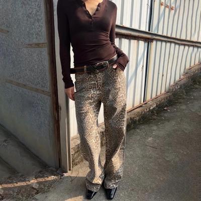 Винтажные джинсы с леопардовым принтом в стиле хип-хоп, уличные прямые брюки, широкие брюки свободного дизайна