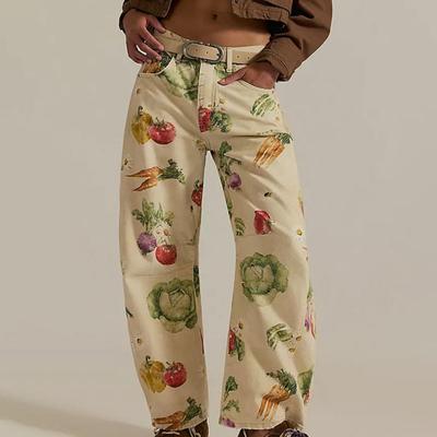 Джинсы-бочки для женщин с цветочным принтом, джинсы-бойфренды, широкие штанины, повседневные, со средней посадкой