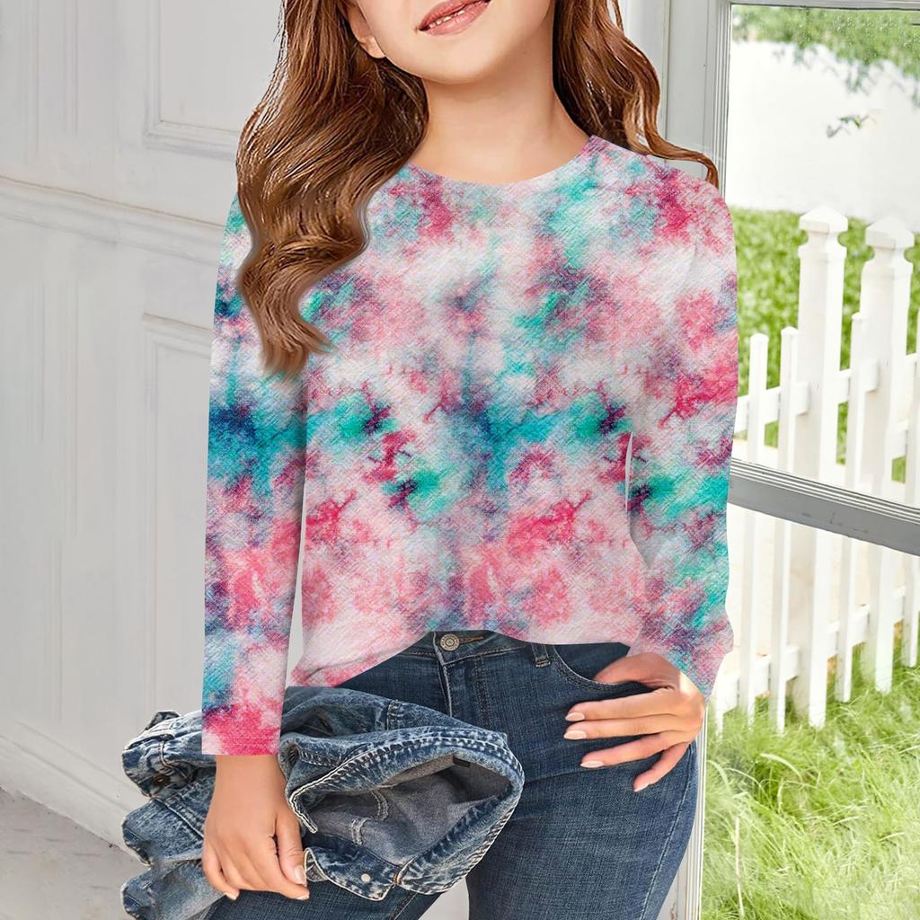 Футболки с длинным рукавом для девочек, детские осенние топы с круглым вырезом, базовые футболки с винтажным графическим принтом, топы для детей 5–14 лет