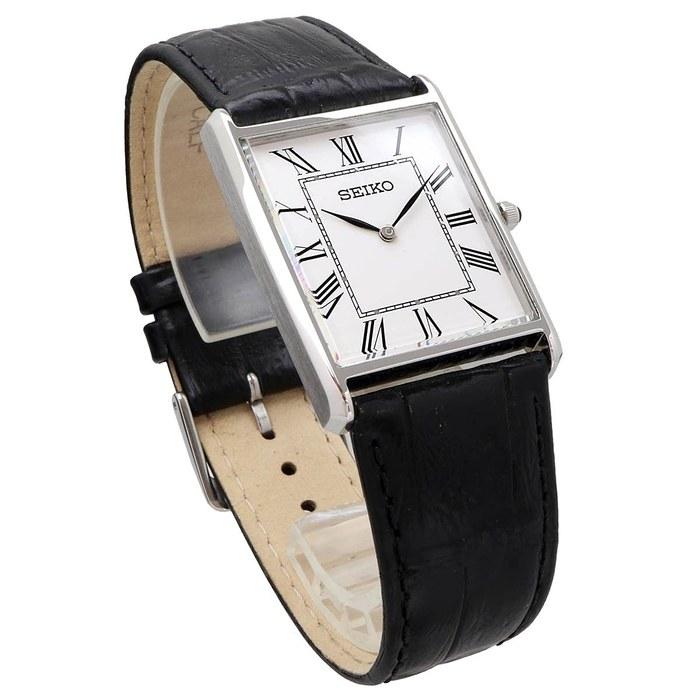 Seiko SWR049 Quartz Square Watch, White Dial, Black Leather Band