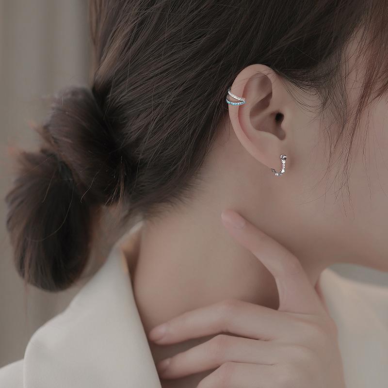 Двухслойные голубые бриллиантовые клипсы для ушей без пирсинга ушей, популярные темпераментные хипстерские цветные бриллианты в форме буквы С, двухрядные клипсы для ушей