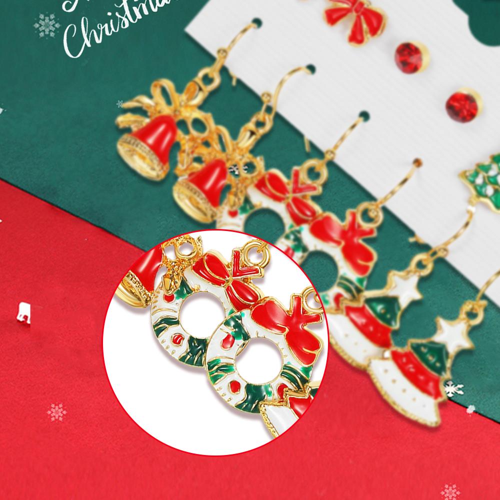 Рождественская серия 6 пар серег-снежинок и колокольчиков, комбинированный набор, трансграничные мультяшные серьги с эмалью в виде оленя и Санты