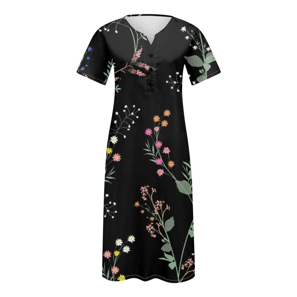 Women's Summer Casual Printed V-Neck Short-Sleeve Swing Dress