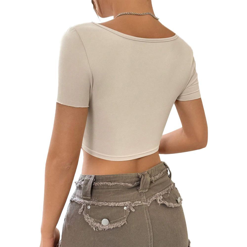 2026 Elegant Woman Sexy Hottie Design Chest Twist Ruffle Deep Solid Color V-Neck Short Top