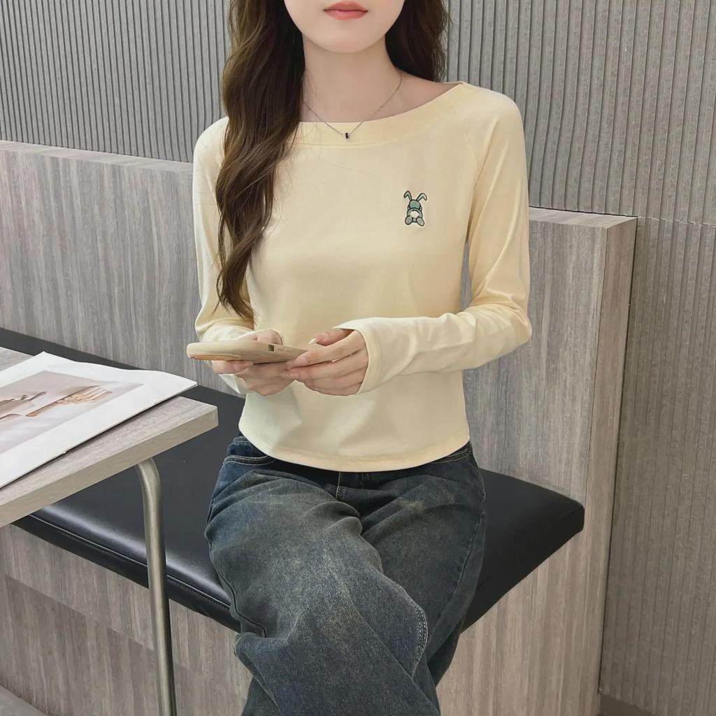 Женский топ из хлопка с длинными рукавами и круглым вырезом, осень 2024 года, вышитый