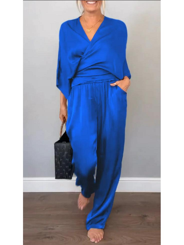 Европейский и американский однотонный атласный женский летний комплект с коротким рукавом (топ и брюки) (2025)