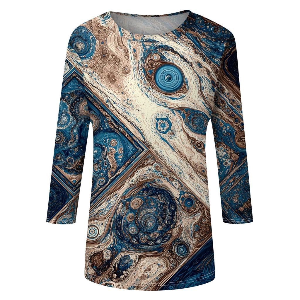 Trendy Vintage 3/4 Sleeve Top For Women ,Ladies Casual Three Quarter Sleeve Round Collar Printed T-Shirt Blouse