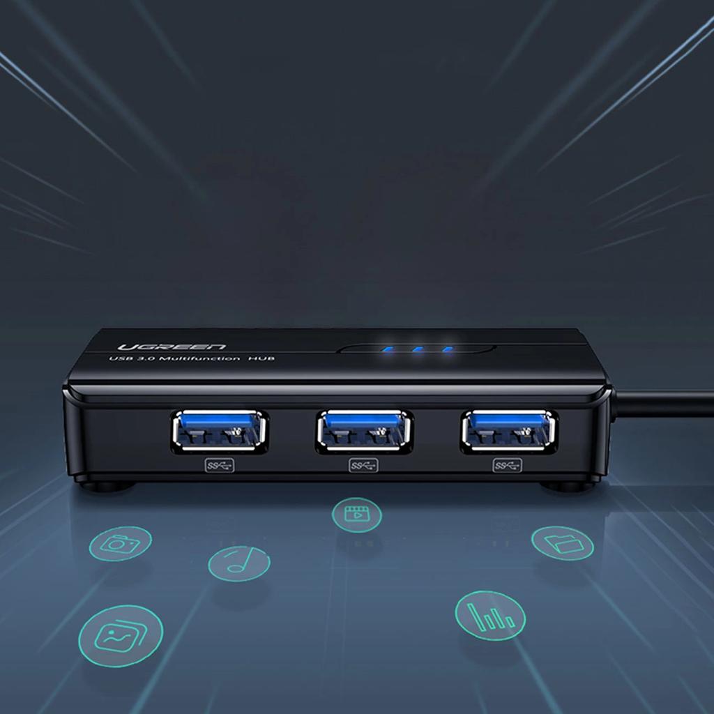 Ugreen 20265 USB-A / RJ45 1000 Мбит/с Хаб 3x USB 3.0 Сетевой адаптер - Черный