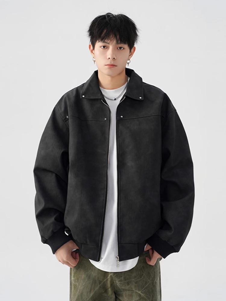 Унисекс Американская Ретро Куртка Maelard: Весенне-осеннее кожаное пальто мотоциклетного стиля с отложным воротником и заклепками.