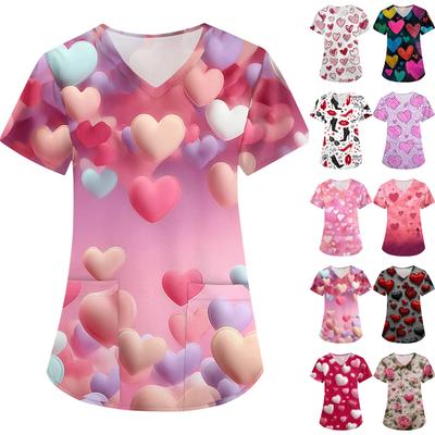 Женская свободная униформа/униформа с принтом ко Дню святого Валентина, V-образным вырезом, карманом и короткими рукавами