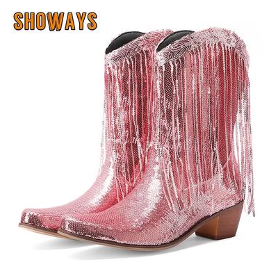 Розовые блестящие пайетки Ткань Западные женские ботильоны Золотистый блеск Высокий каблук Вечеринка Клуб Блестящая бахрома Квадратный носок Ковбойские короткие ботинки