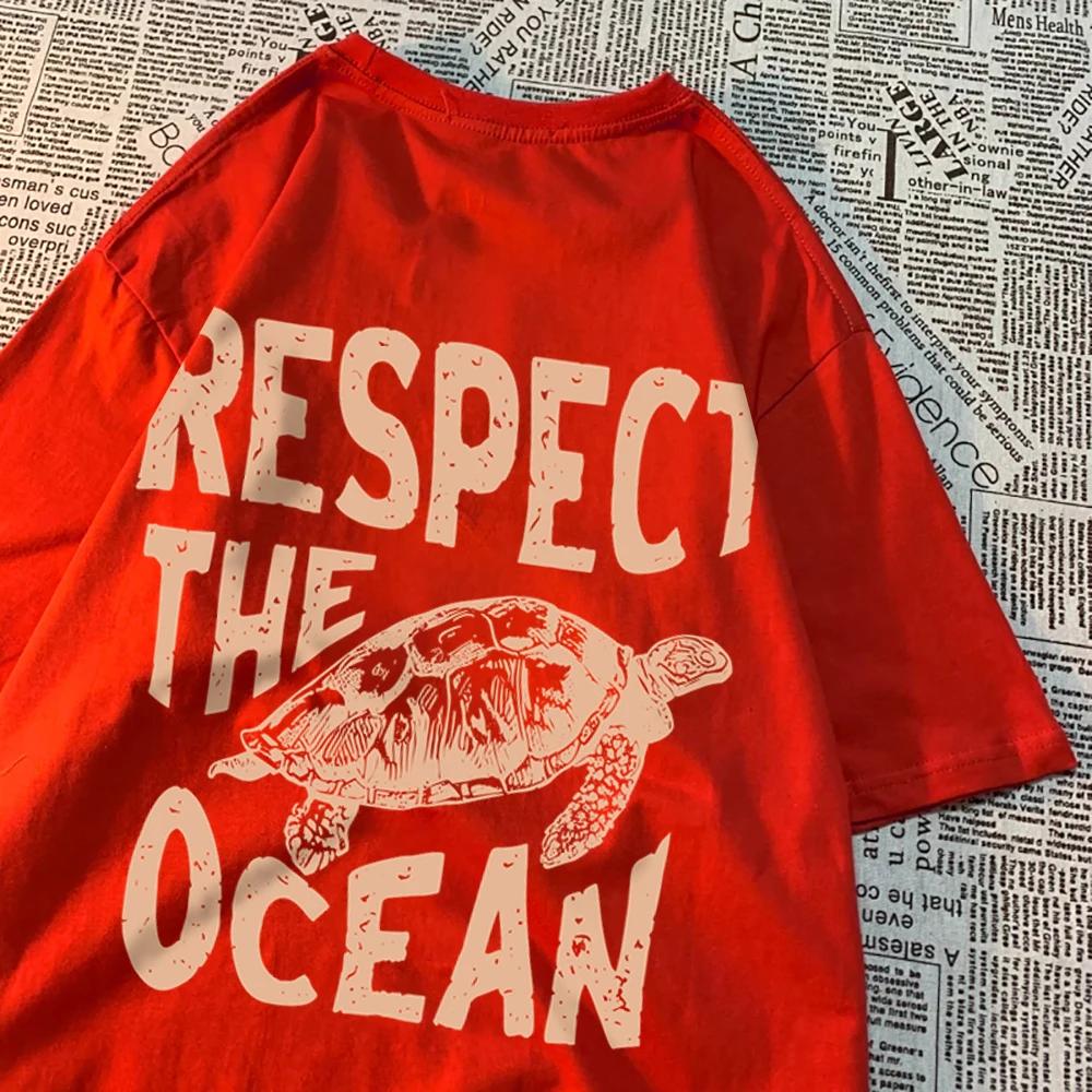 Футболка Respect The Ocean Green Turtle для мужчин, свободная одежда, дышащая футболка с коротким рукавом в стиле хип-хоп, летняя хлопковая футболка Harajuku
