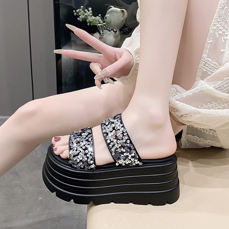 Fashion 8.5CM Bling Woman Platform Sandals Ladies Elegant Medium Women's Shoes Flats Summer Sandals Women Designer Shoes Girls slippers