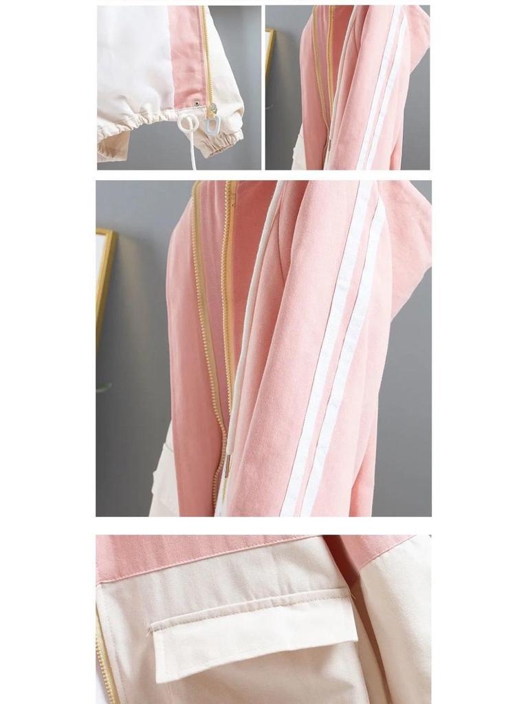 Женская свободная бейсбольная куртка с капюшоном - Корейский стиль, Весна/Осень, Универсальная, Большие размеры, Модная, Студенческий-Расслабленный стиль