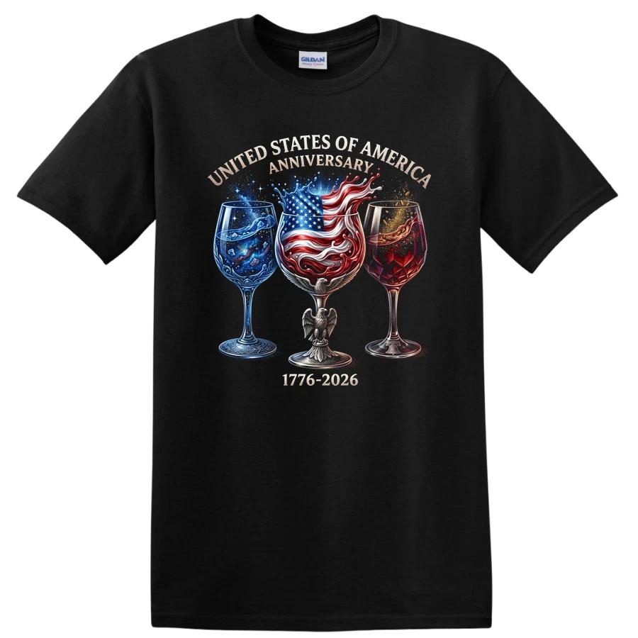 USA 250th Anniversary T Shirt Celebration w/ Flag Eagle Wine Glasses Tee