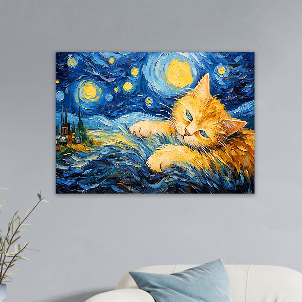 Tuxedo Cat Style Van Gogh Print Home Decor Wall Art Starry Night Oil Painting Print Canvas Poster Cat Lover Gift Bedroom Decor