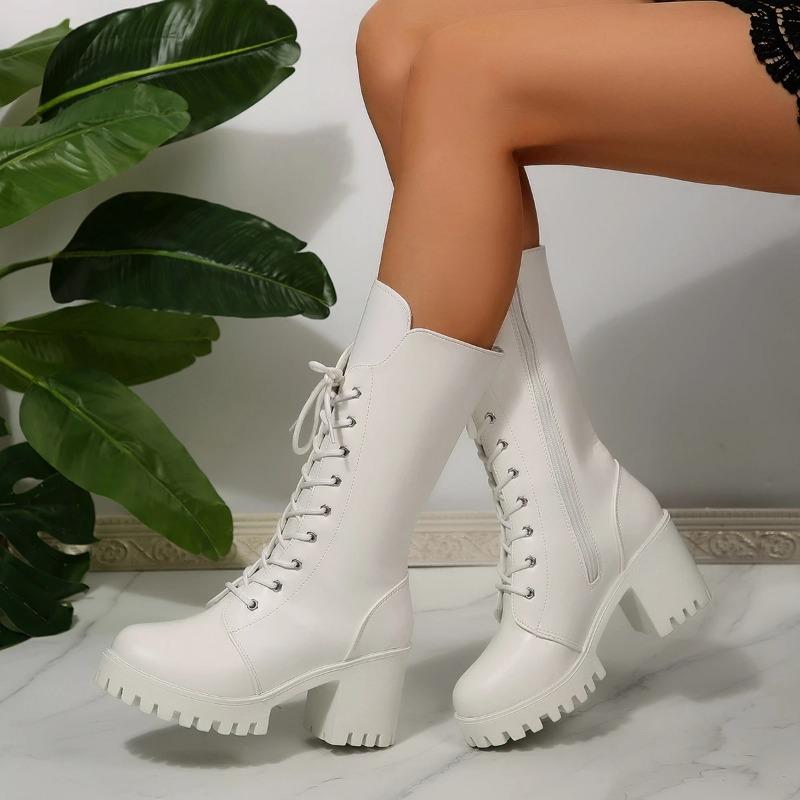 Модные высокие ботинки на платформе и блочном каблуке для невысоких женщин, осенне-зимняя новинка 2025 года, ботинки рыцаря на шнуровке