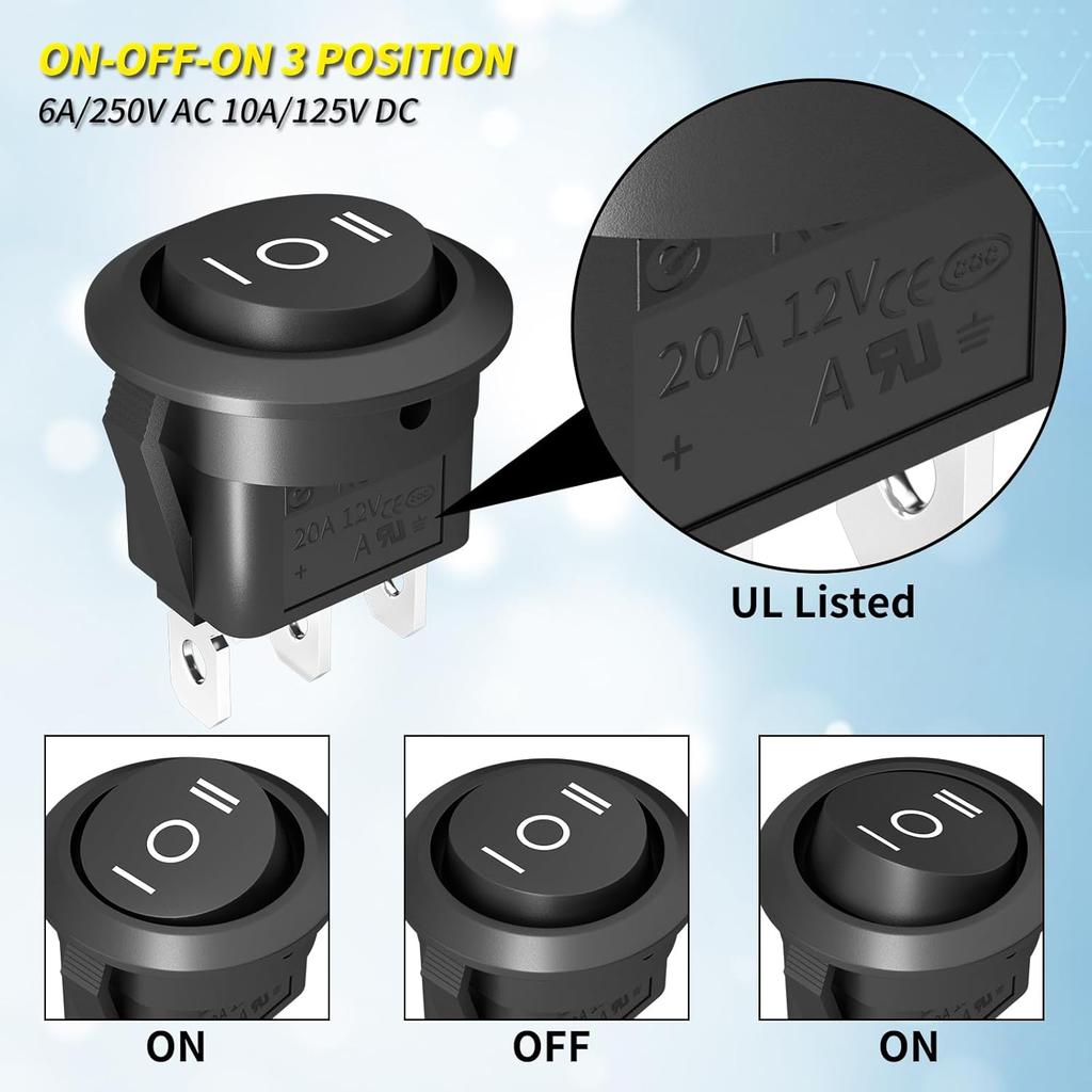 10pcs 12V 2 Way 3 Way Round Rocker Switch Waterproof 6A/250V AC 10A/125V DC SPDT Circle Toggle Switch with Wires