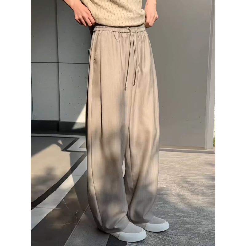 Lazy style drooping casual pants for men in summer, loose and wide legs, comfortable and simple, solid color drawstring pants
