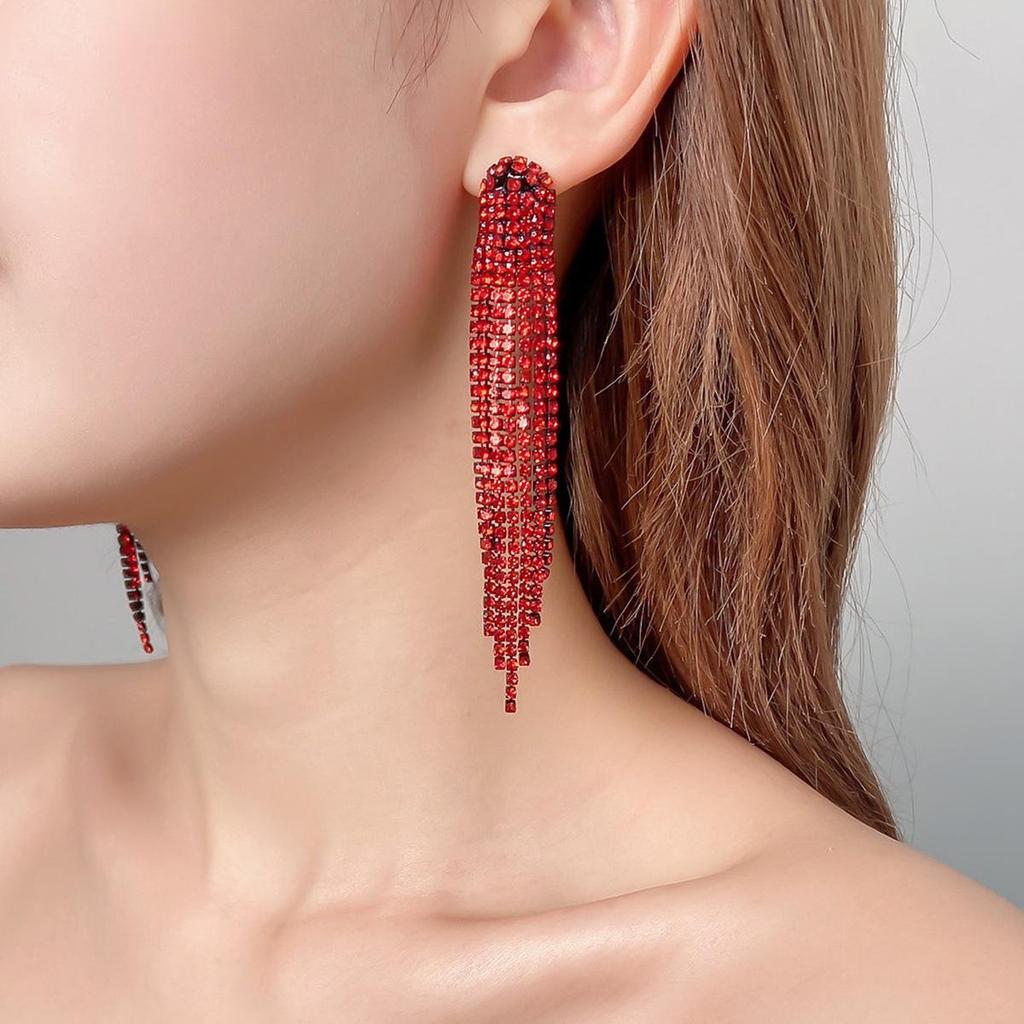 European & American Glam Rhinestone Tassel Long Earrings for Evening Events