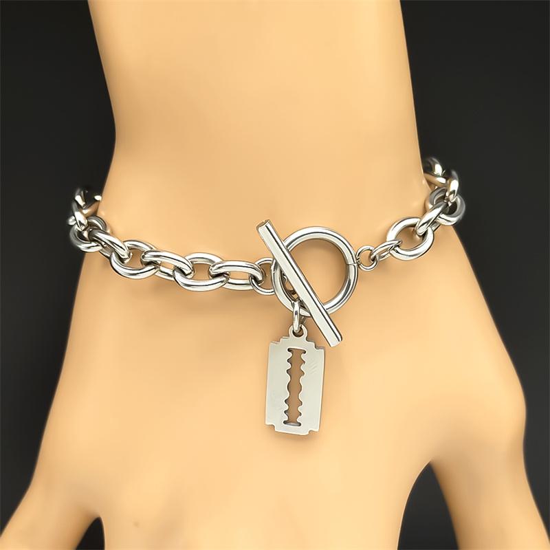 Hip Hop Razor Blade Shape Bracelet For Women Men Stainless Steel Silver Color Pendant Ot Buckle Bracelet Fashion Jewelry