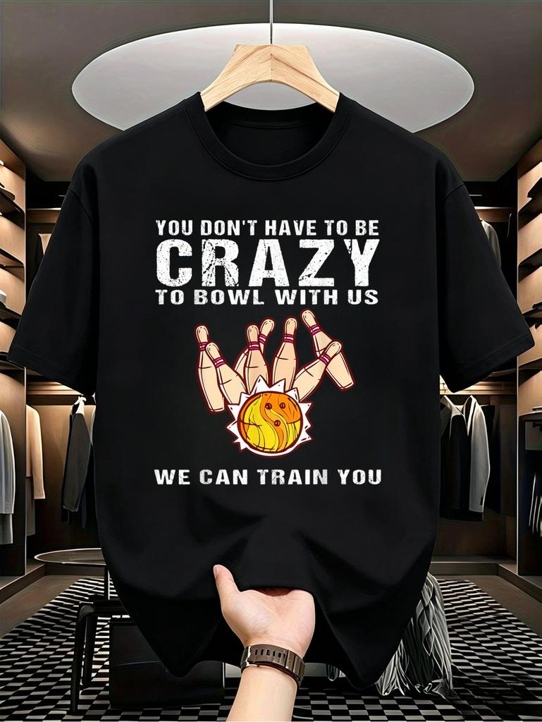 1pc Male Graphic T Shirt Funny Crazy Bowling Print Short Sleeve Crew Neck for Teenagers Bowling Team Training Casual Wear, for Teenager