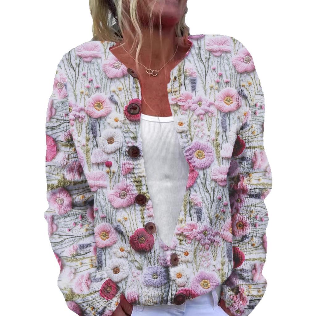Women's Loose Fit 3D Print Round Neck Long Sleeve Cardigan Sweater