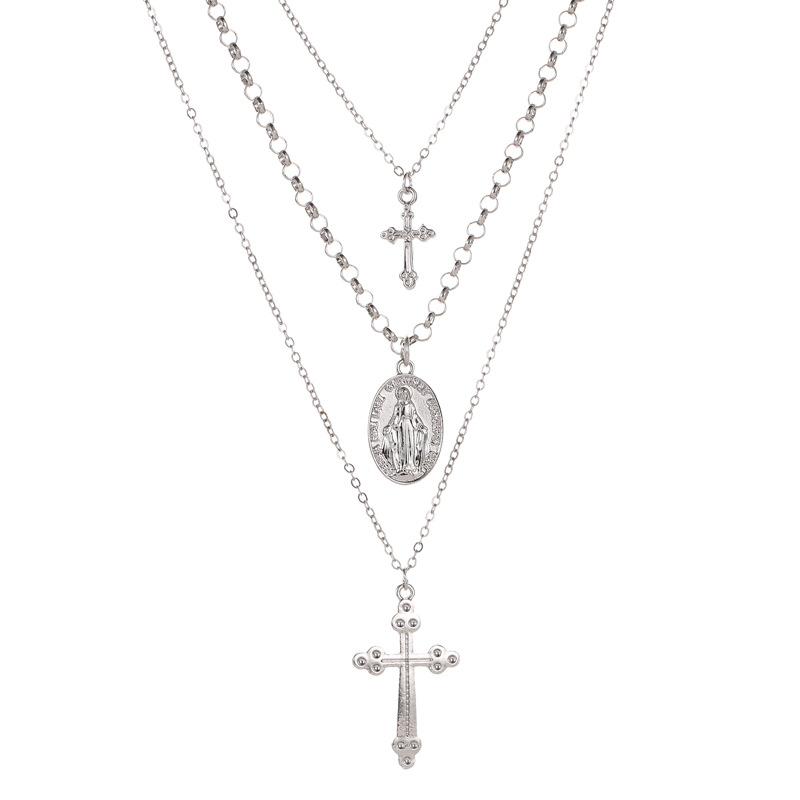 Многослойное ожерелье Популярное 3-слойное ожерелье с крестом Статуя Иисуса Кулон Металлическое ожерелье Комплект для девочек Модные аксессуары Свитер-цепочка