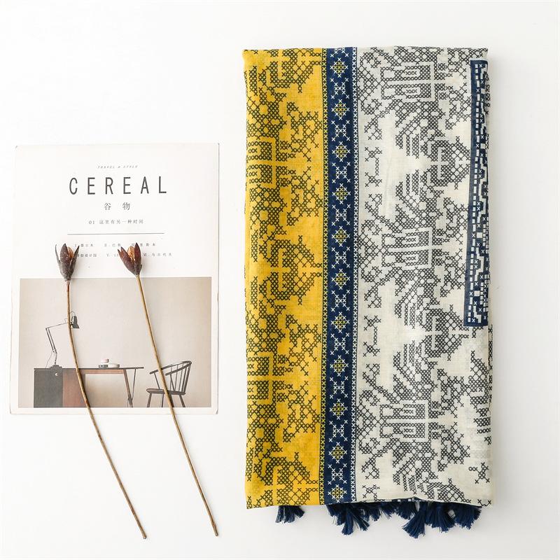 Четыре сезона, доступные для женщин, с хлопковым и льняным оттенком, шарф из балийской пряжи, экзотический этнический стиль, узор для вышивки крестом, шарф с кисточками