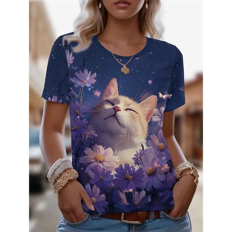 Летняя женская футболка с круглым вырезом, модная уличная футболка с коротким рукавом, 3D-принт с изображением кота, женская одежда больших размеров