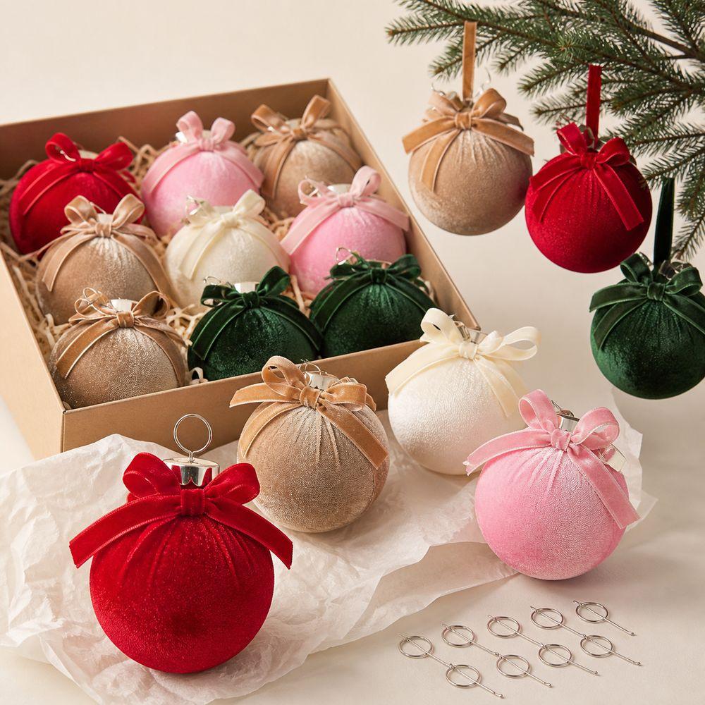 15pcs Velvet Christmas Ornaments Christmas Ball Ornaments Soft Plush Texture Ribbon Bow Ornaments