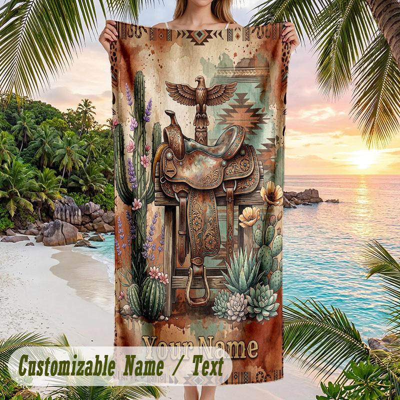 Western Animal Skull Frame Theme Quick Dry Beach Towel Custom Name Text Print Large Sand Resistant Towel Beach Vacation