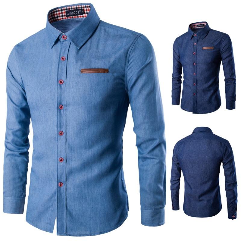 Spring And Autumn Men's Casual Shirt Pocket Patchwork Cotton Slim Long-sleeved Shirt Denim Shirt