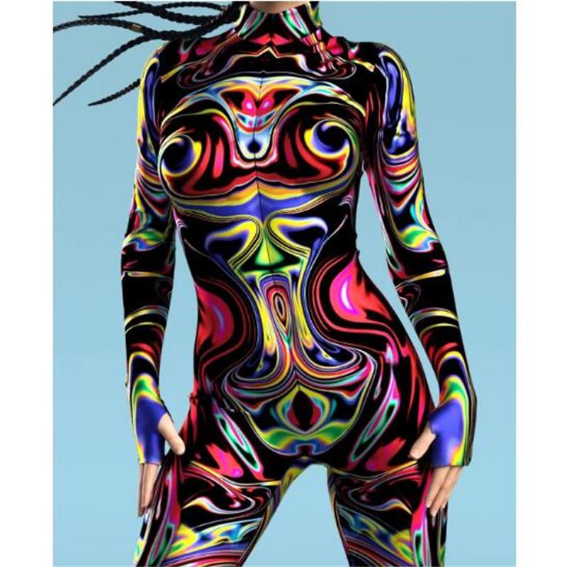 Новый Хэллоуин вечеринка абстрактная геометрия 3D принт женский сексуальный обтягивающий комбинезон карнавальные костюмы косплей нарядное боди 2024