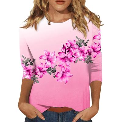 Круглый вырез с 3D цветочным принтом, модные повседневные женские футболки с длинными рукавами