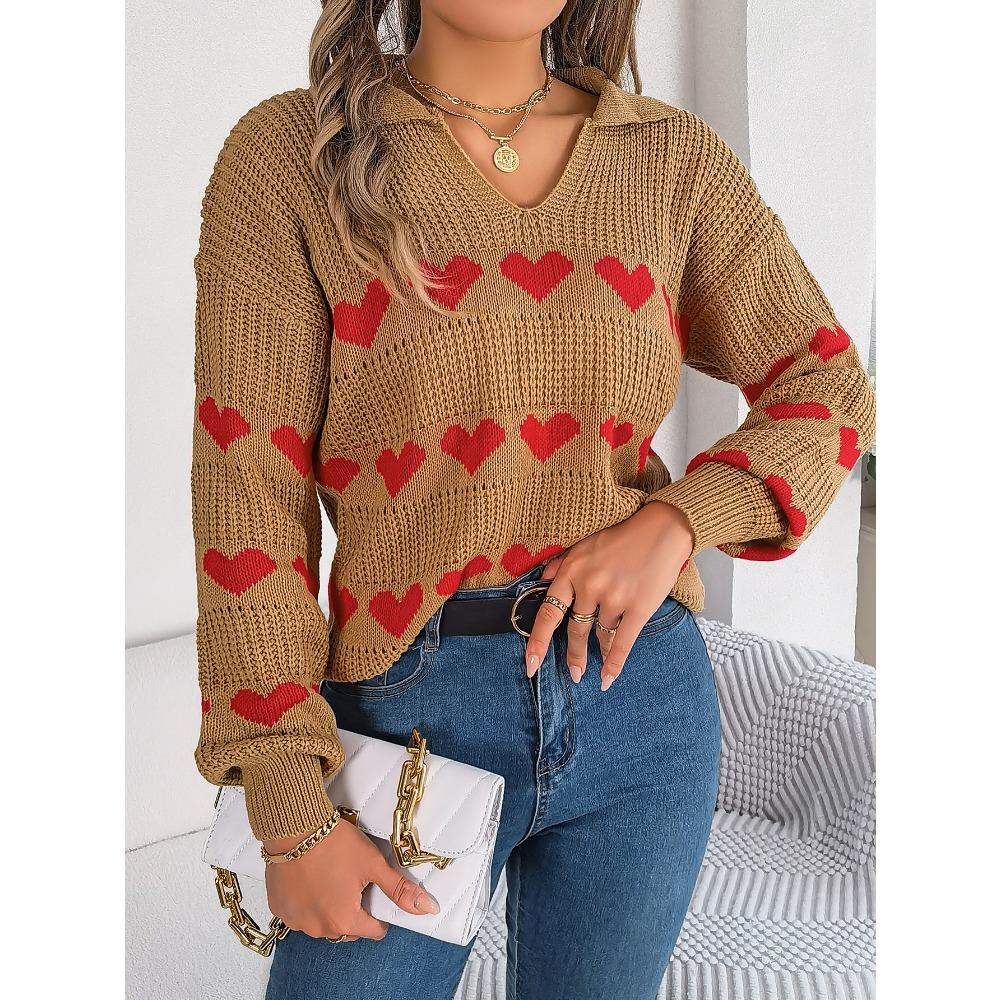 Autumn and Winter Casual Lantern Sleeve Contrast Color Love Pullover Sweater