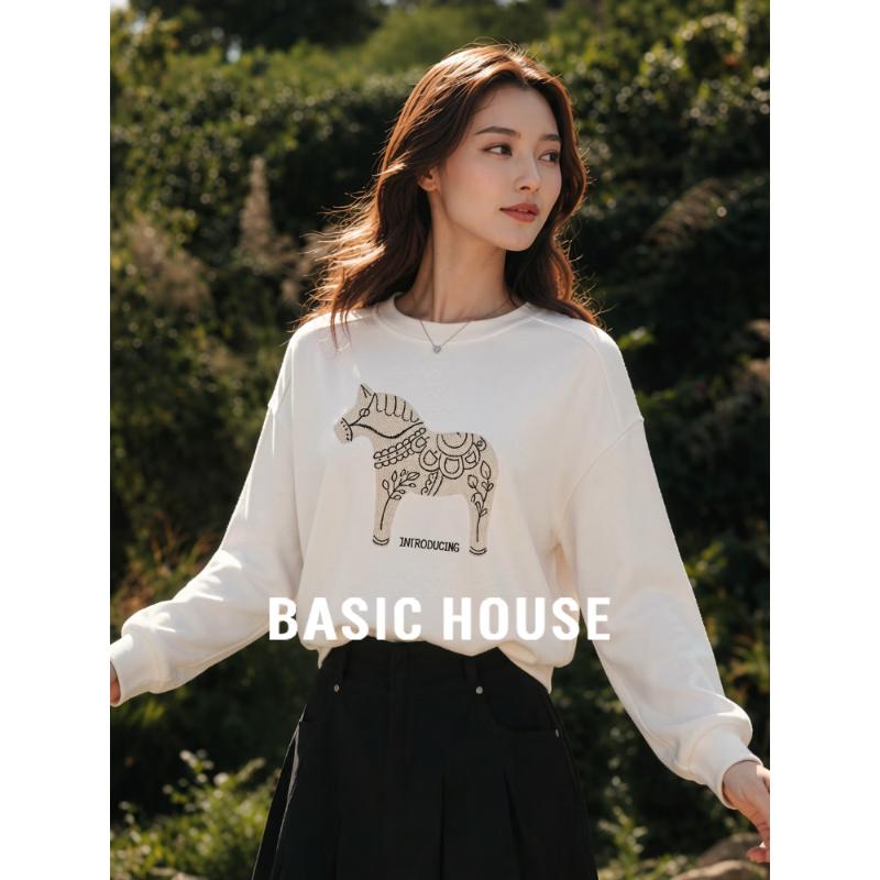 Базовая женская толстовка с круглым вырезом и мультяшной вышивкой Basic House