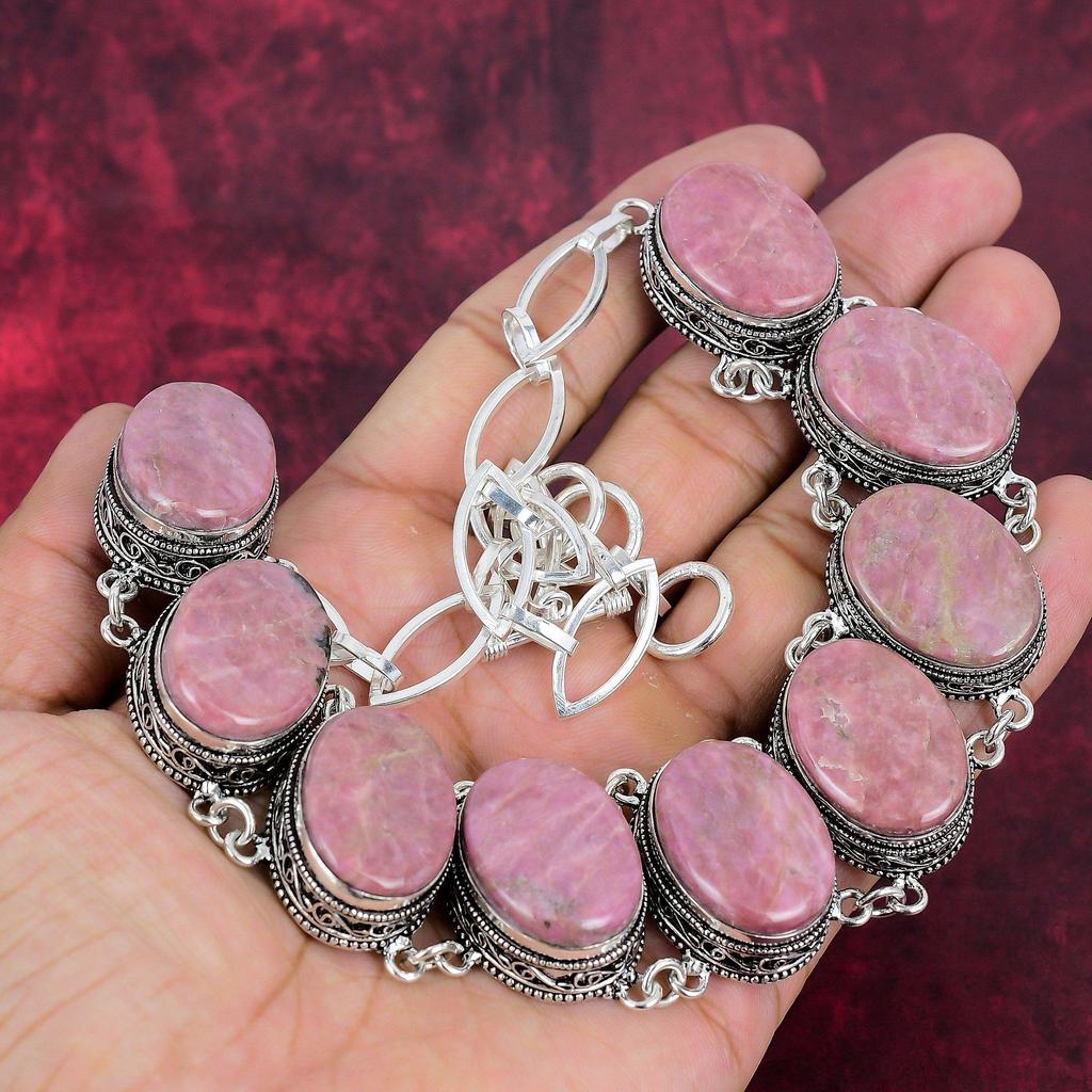 Rhodonite 925 Solid Sterling Silver Necklace & Bracelet Jewelry Set, Gorgeous Gemstone Jewelry Set Handmade Natural Jewelry For Gift
