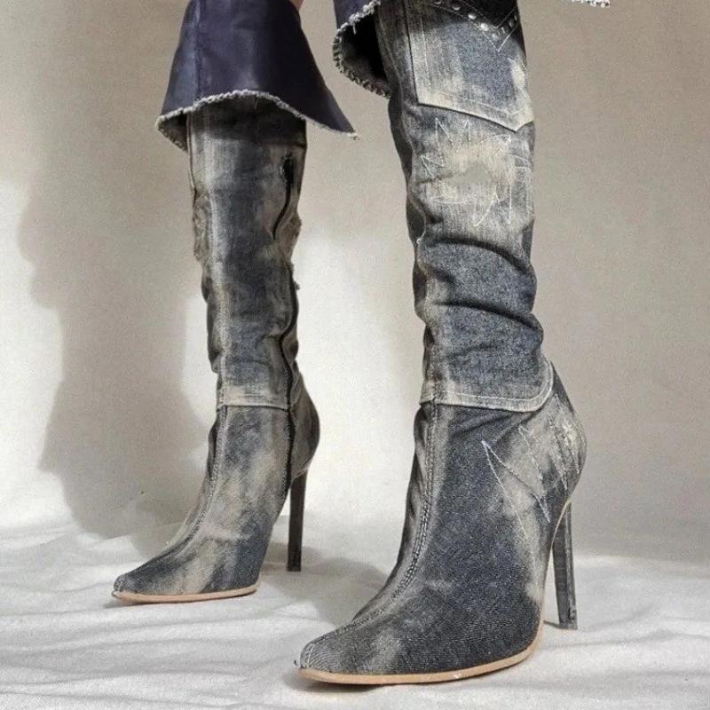 Мода 2024 года, высококачественная женская обувь, женские сапоги на молнии, модные современные сапоги с заклепками, женские сексуальные сапоги с острым носком до колена, Zapatos Mujer