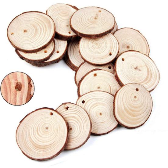 Natural Wood Tree Discs 9-10cm Pre-Drilled Wooden Discs 1cm Thick Smooth Wood Slices for DIY Crafts Wedding Wall Decorations