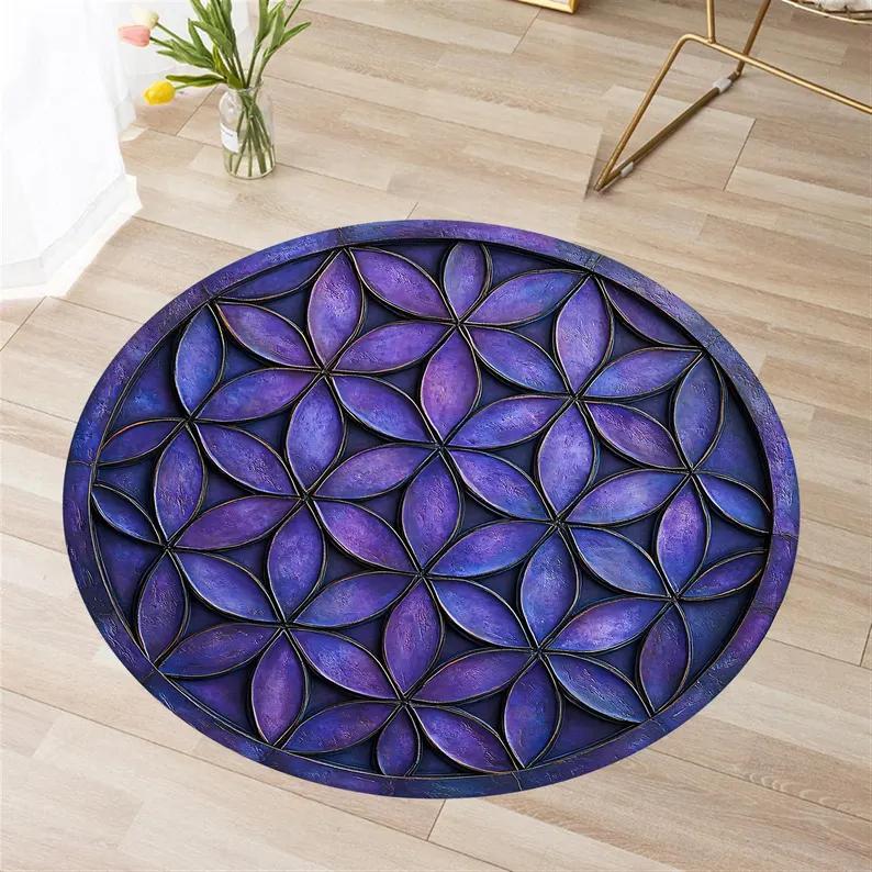 Flower of Life Rug Sacred Geometry Mat Boho Floor Mandala Circle Mat Zen Decor Piece Metatron Rug Yoga Room Decor